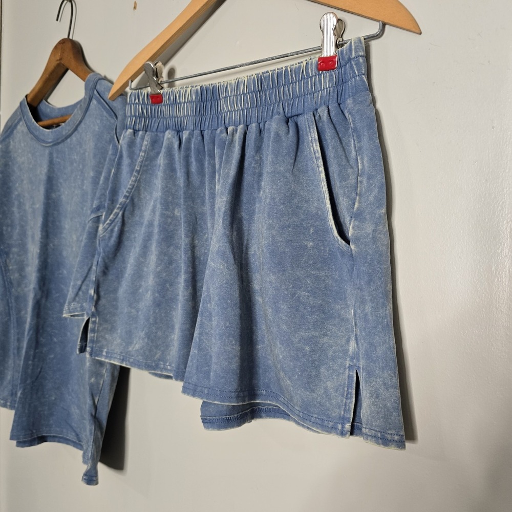 Zenana Oversized Top & Shorts Set Dusty Blue Acid Washed Cotton Women's Outfit S - Picture 5 of 15